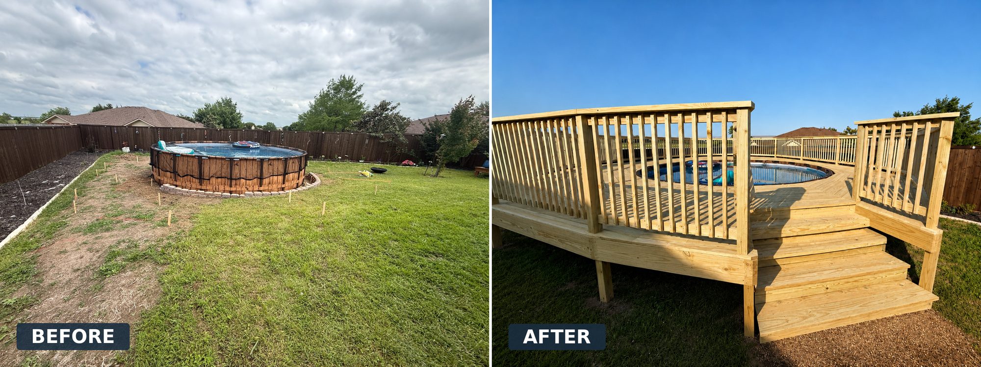 Before and after of a pool deck we built in Terrell, TX — a bare yard with an above-ground pool transformed into a wraparound wood pool deck with railing and steps